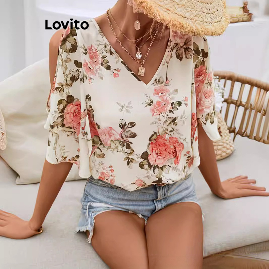 Lovito เสื้อเบลาส์ลายดอกไม้ลำลองสำหรับผู้หญิง LNL77291