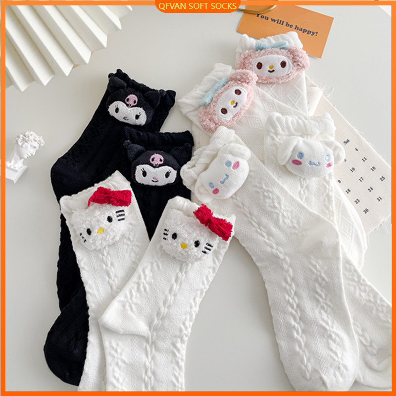 อะนิเมะ Kawaii Sanrio ถุงเท้าผ้าฝ้ายยาวน่ารัก Hello Kitty My Melody Cinnamoroll Kuromi สาวถุงเท้าฤดูใบไม้ร่วงฤดูหนาวถุงเท้าอุ่น