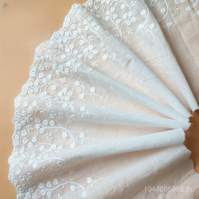 ขอบลูกไม้ปักสีขาวกว้าง21ซม. ตกแต่งผ้า DIY ผ้าฝ้ายแท้สำหรับผ้าม่านปลอกคอและแขนเสื้อ-1หลา