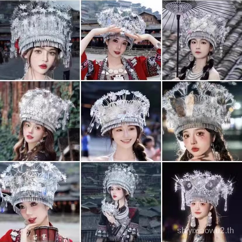 Yunnan Miao ผ้าโพกศีรษะ Miao Xinjiang Miao Silver ผ้าโพกศีรษะกุ้ยโจวหมวกเครื่องประดับเงินคนดังในเน็ตแบบเดียวกันไม่เปลี่ยนสีไม่ออกซิไดซ์ใหม่