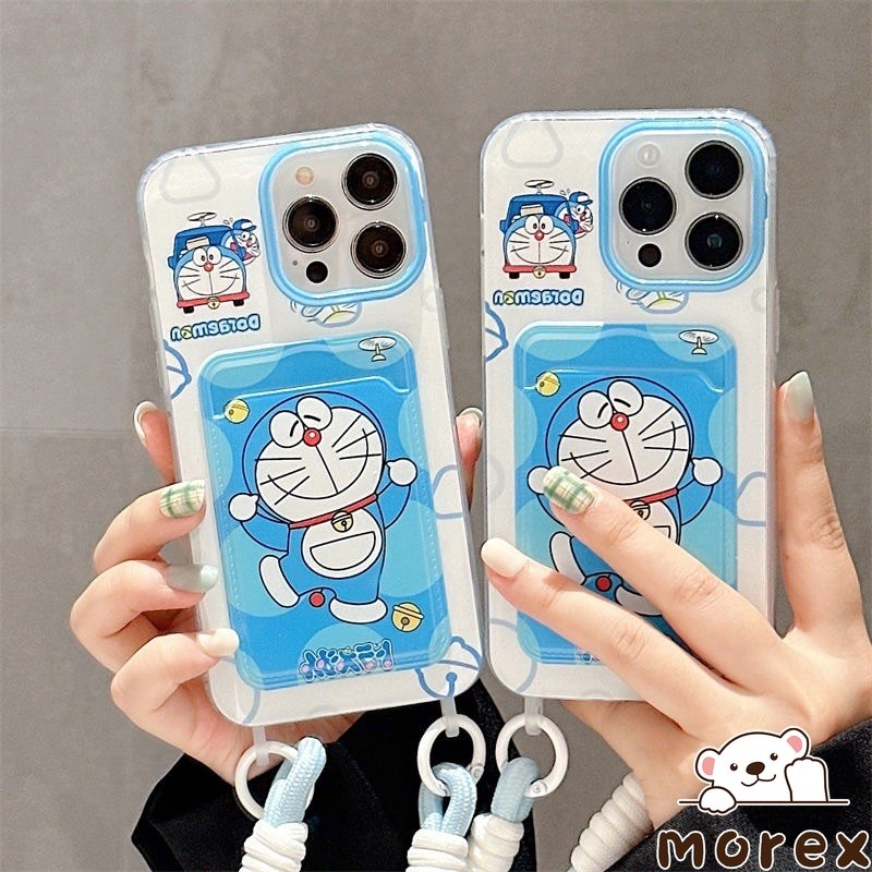 การ์ตูนโดราเอมอนกระเป๋าสตางค์สองสายคล้องบัตรเข้ากันได้กับเคสไอโฟน 13 11 15 XR 14 12 Pro Max 7 15 8 14 Plus X XS Max