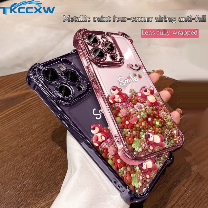 SAMSUNG พร้อมฟิล์มเลนส์เคสโทรศัพท์สําหรับsamsung Galaxy Note 20 Ultra S24 S23 S21 S20 FE S24 S23 S22 S21 Plusหมายเหตุ20 Ultra Softสตรอเบอร์รี่หมีชุบเคสโทรศัพท์