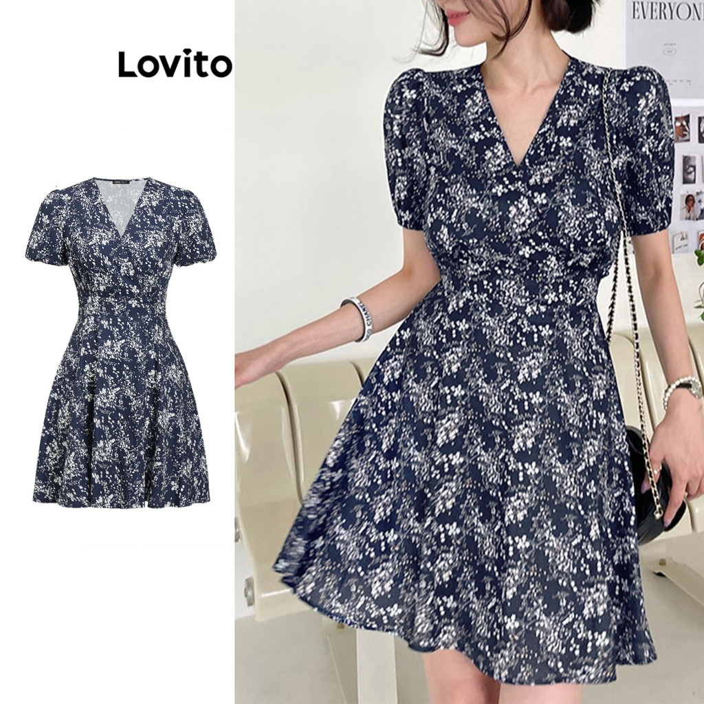 Lovito ชุดเดรสจีบลายดอกไม้ โบโฮ ดิทซี่ ลายดอกไม้สำหรับผู้หญิง L95ED107