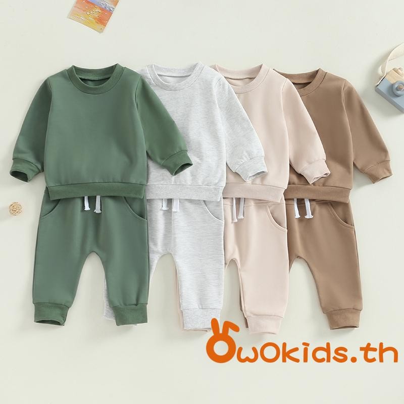 Baby ชุดน่ารัก 2 ชิ้นเสื้อกันหนาวแขนยาวสีทึบและชุดกางเกงยางยืดสําหรับทารกแรกเกิดเสื้อผ้าฤดูใบไม้ร่วง