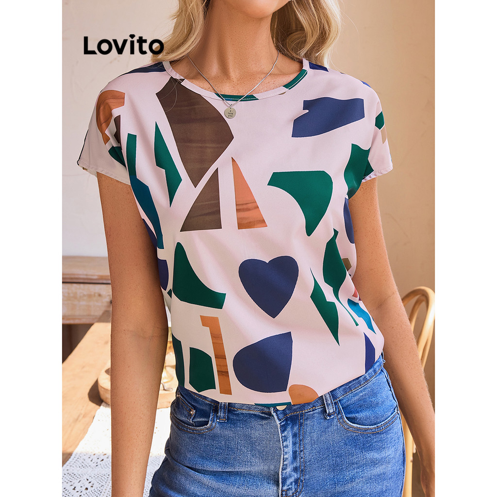 Lovito เสื้อเบลาส์ทรงเรขาคณิตลำลองสำหรับผู้หญิง LBL15315