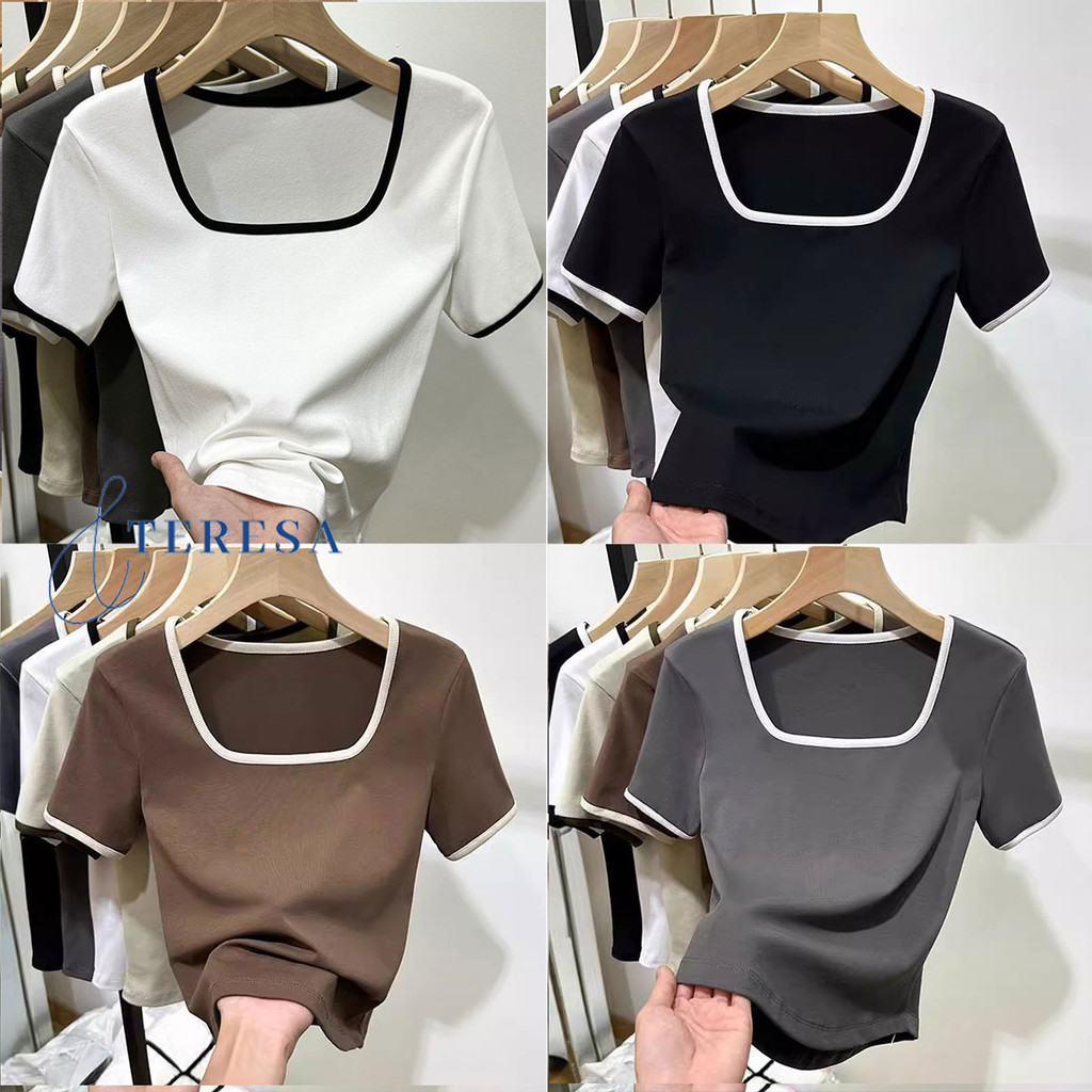 เสื้อยืดแขนสั้นหญิง ฤดูร้อน ใหม่ คอเหลี่ยม สไตล์ตัดสี