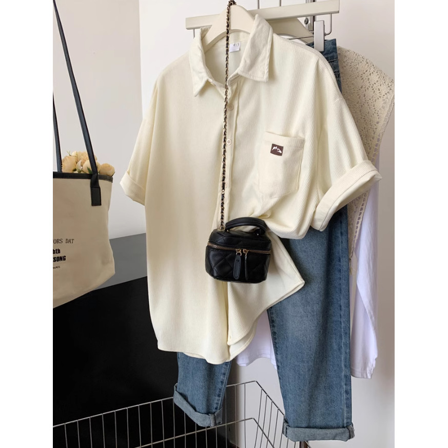 PKB071 เสื้อเชิ้ตแขนสั้น ลำลอง สีCream แฟชั่นสุดชิค คอปกมินิมอลเกาหลีทรงหลวม ฟรีไซศ์ อก44 พร้อมส่งจา