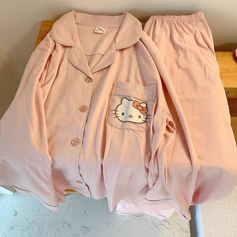ขายร้อน! F & X ชุดนอนน่ารักน่ารักชุดนอน HelloKitty น่ารักผู้หญิงฤดูใบไม้ผลิฤดูใบไม้ร่วงและฤดูหนาวแบบใหม่ญี่ปุ่นการ์ตูนแมวคิตตี้ชุดใส่ในบ้านแขนยาวแฟชั่น