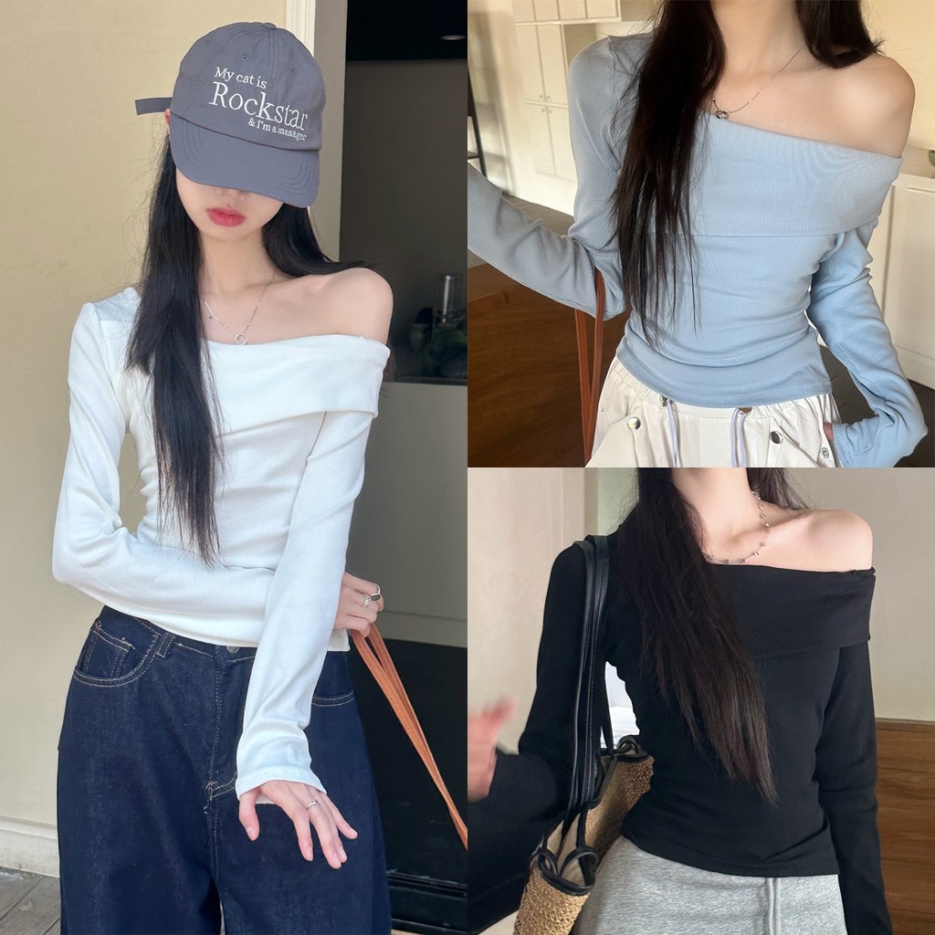 Anne เสื้อยืดผู้หญิง ไหมพรม สีพื้น เข้ารูป ผ้าร่อง เสื้อยืดแขนยาว สไตล์ลำลอง แฟชั่น ใส่สบาย #Y9817