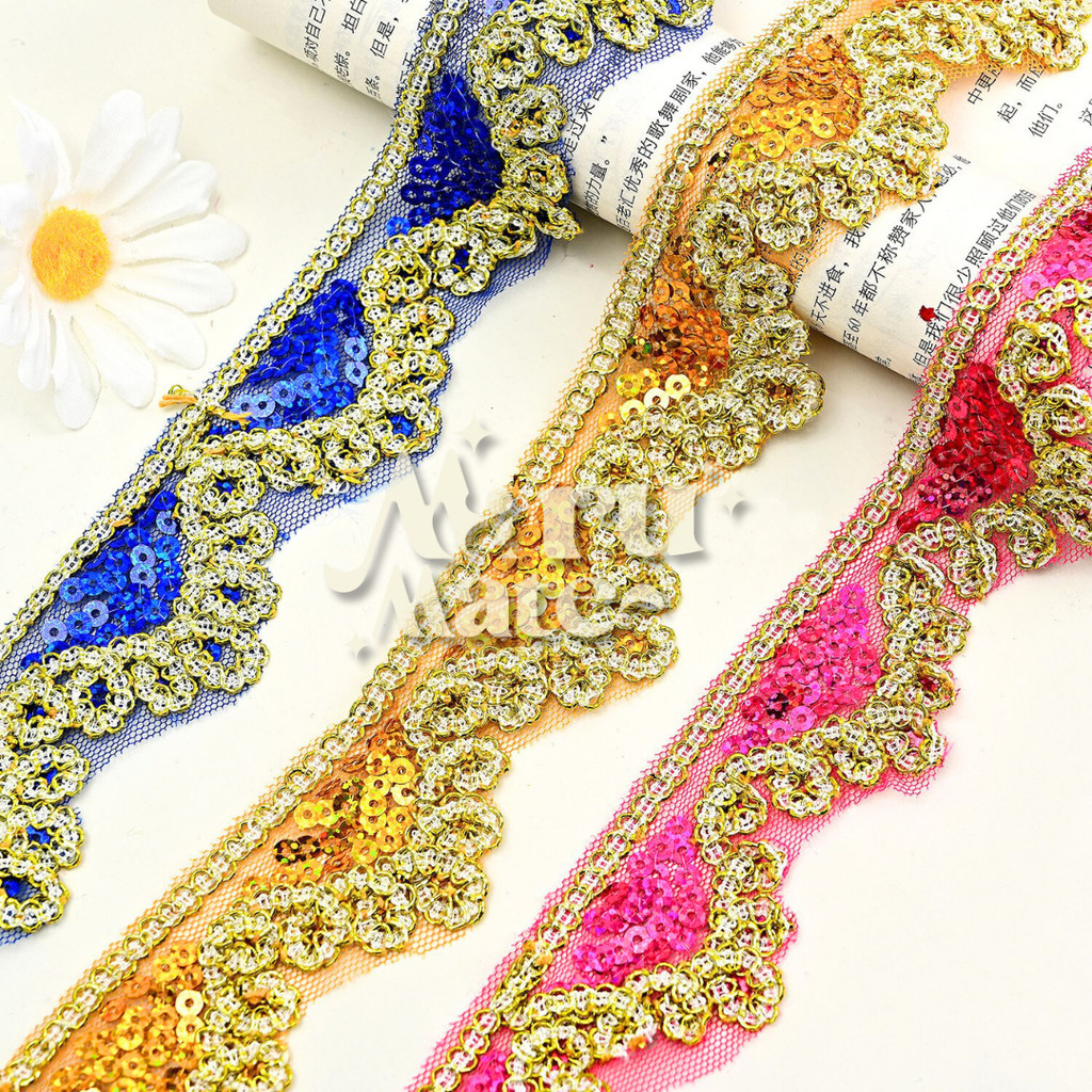 ผ้าลูกไม้ปักเลื่อม ทรงสามเหลี่ยม No.012 (1 หลา) ดิ้น ลูกไม้ กว้าง 45 มม.สไตล์ชนเผ่า สําหรับตกแต่งผ้าม่าน งานฝีมือ DIY - รูปที่ 2