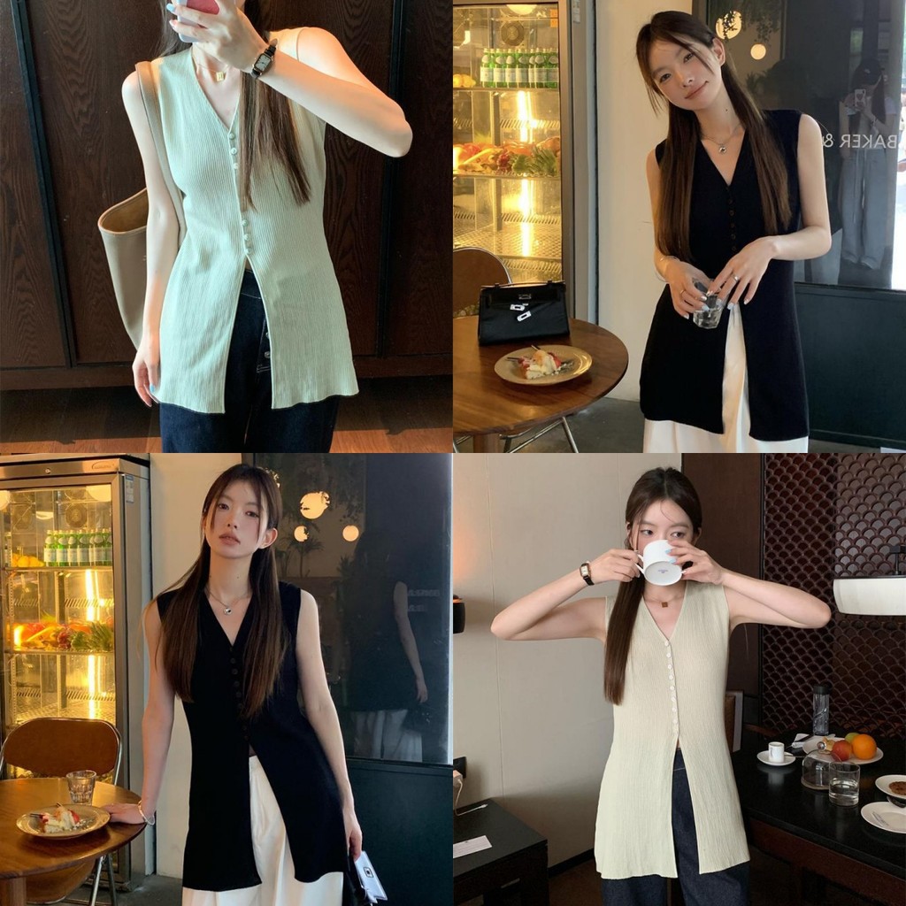 Evelyn เสื้อกล้ามไหมพรม แขนกุด คอวี น่ารักคิคุ ผ้าร่องเล็กใส่ง่าย แฟชั่น สไตล์เกาหลี#41091