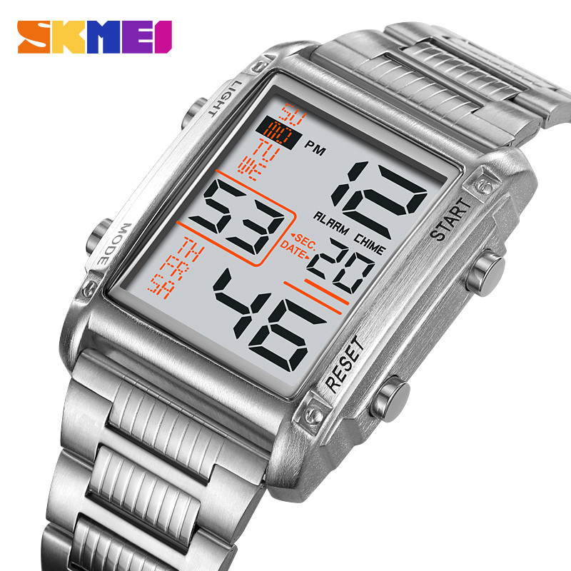 SKMEI สมี 2206 นับถอยหลังนาฬิกาข้อมือดิจิตอลด้านหลังจอแสดงผลนาฬิกาสปอร์ตผู้ชายปฏิทินนาฬิกาจับเวลาปลุกแบรนด์ชั้นนําเหล็กหรูหรา