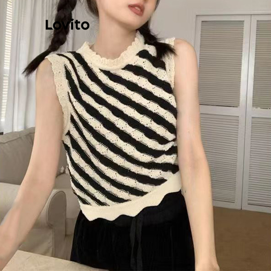 Lovito เสื้อถักลายทางด้านข้างแบบสบาย ๆ สำหรับผู้หญิง LNA71206