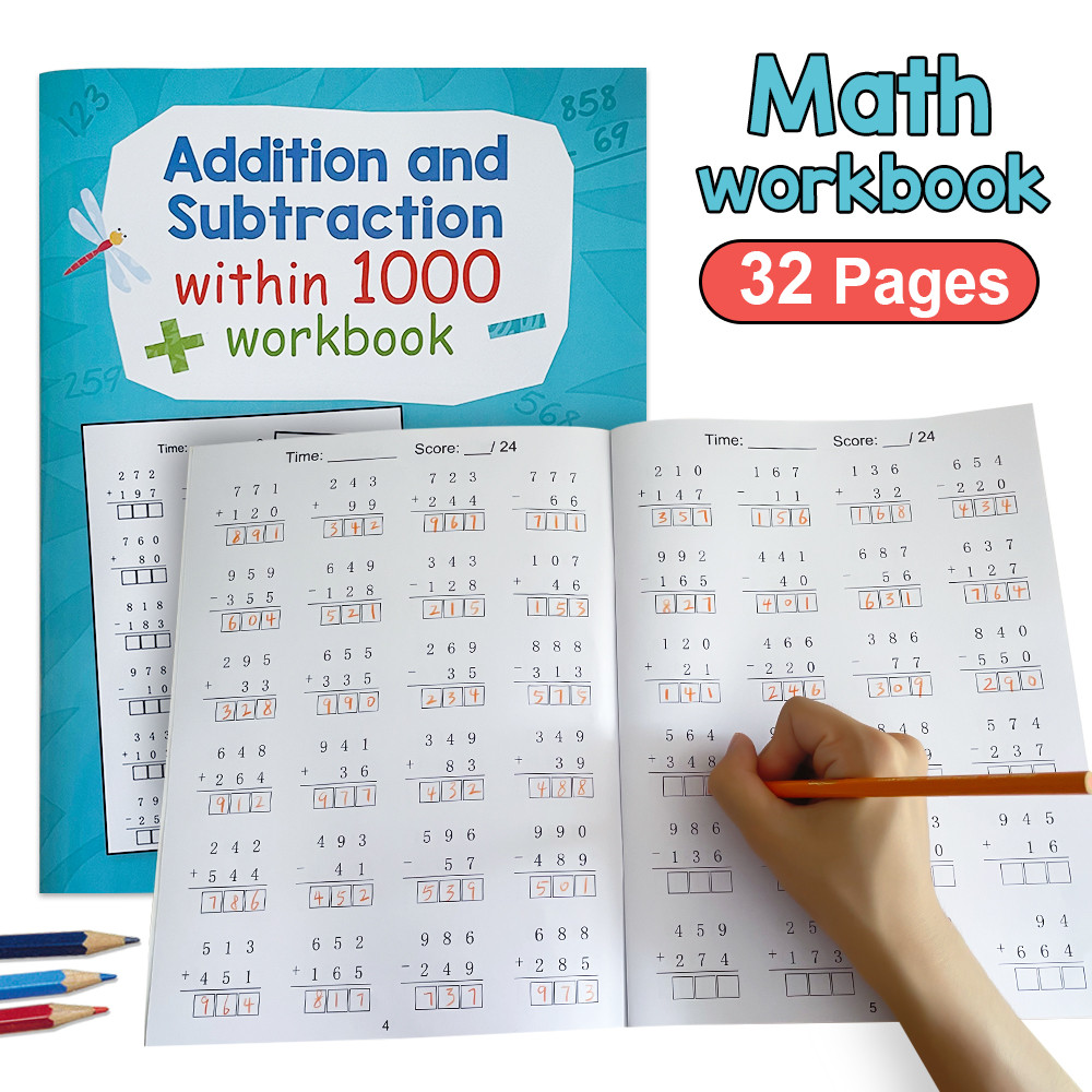 32Pages Math Practice Book for Kids Addition & Subtraction Within 1000 Mathematics Educational Workbook Teaching Aids