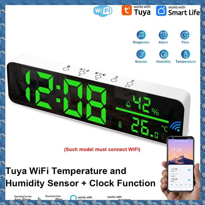 (PGM)Tuya นาฬิกาปลุกอุณหภูมิและความชื้น Wifi มัลติฟังก์ชั่นนาฬิกาดิจิตอล LED สําหรับห้องนั่งเล่น บ้านไร่ สํานักงาน
