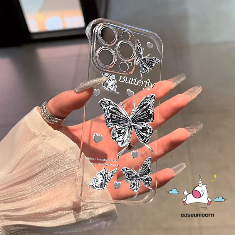 Dreamy Retro ผีเสื้อการ์ตูน Love Hreat สําหรับ IPhone 16 13 14 15 12 11 Pro Max 7Plus 16 7 8 15 14 Plus XR X XS Max SE2020 Frameless Ultra-thin โปร่งใส Hard Case