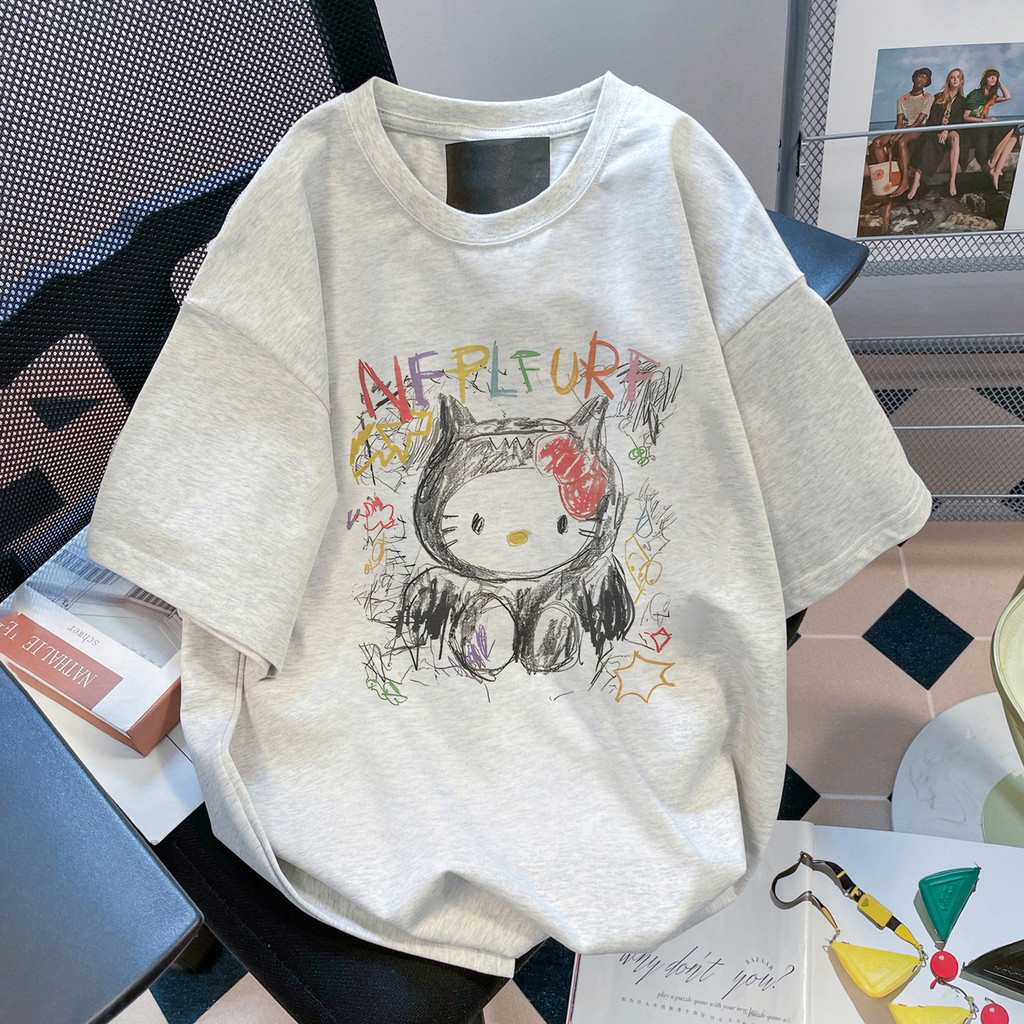 COD (จัดส่งในกรุงเทพฯ) MAO Shop Printed T-shirt,，เสื้อยืดพิมพ์ลายแมวผ้าฝ้ายเรียบง่ายอเมริกัน oversize #54519