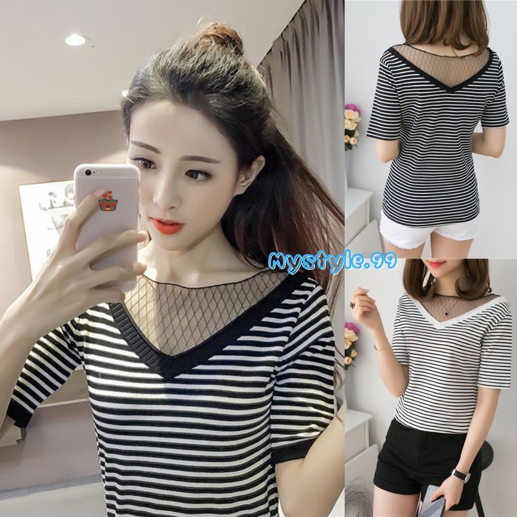 📢mystyle.99📢 เสื้อแฟชั่นคอวี ดีเทลตาข่ายที่คอ ผ้านิ่ม ใส่สบาย #Z99