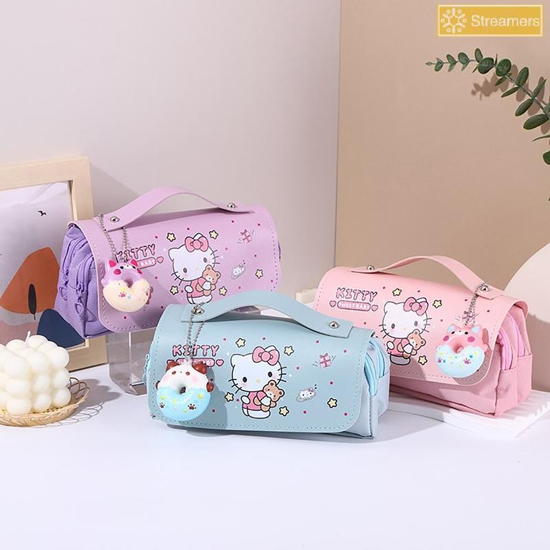 {Streamers} ใหม่ Hello Kitty กล่องดินสอพร้อมจี้โดนัท Kawaii Sanrio การ์ตูนเครื่องเขียนเก็บกระเป๋าน่ารักอะนิเมะเครื่องสําอางกระเป๋าเด็กของขวัญใหม่