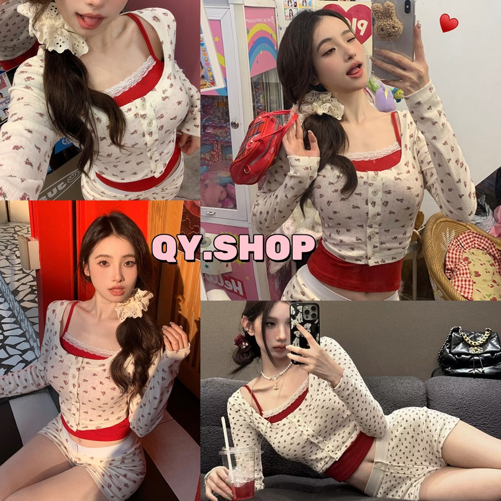 QY.SHOP⭐️เสื้อกั๊กคุณภาพสูง ⭐️เสื้อครอปแขนยาว คอกลม มีฟองน้ำน่ารักๆ ดีเทลแต่งสองชั้นสีสใสลายดอกไม้ "FYH347"