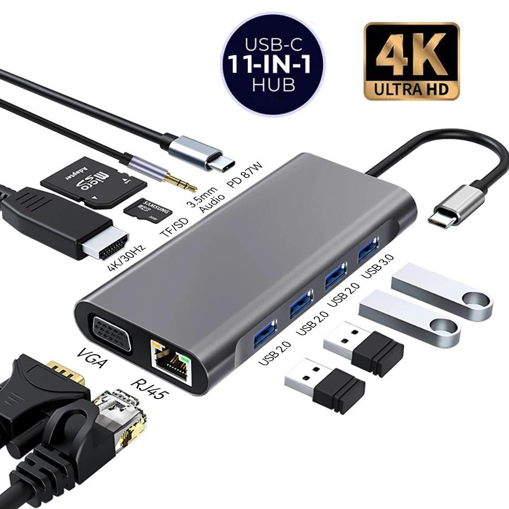 11 in 1 USB C HUB ประเภท Type-C Hub อะแดปเตอร์ฮับ J45 4K 30Hz HDMI VGA อะแดปเตอร์ SD TF ฮับ USB HUB 