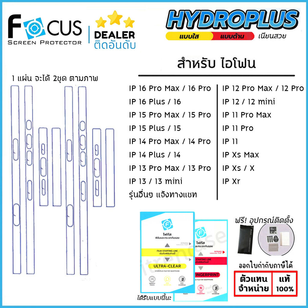 ฟิล์มขอบข้าง ฟิล์มหลัง FOCUS ไฮโดรเจล ใส ด้าน ใช้สำหรับ iPhone 17 Pro Max 16 Pro Max 15 Pro Max 14 Plus 13 mini 12 Pr...