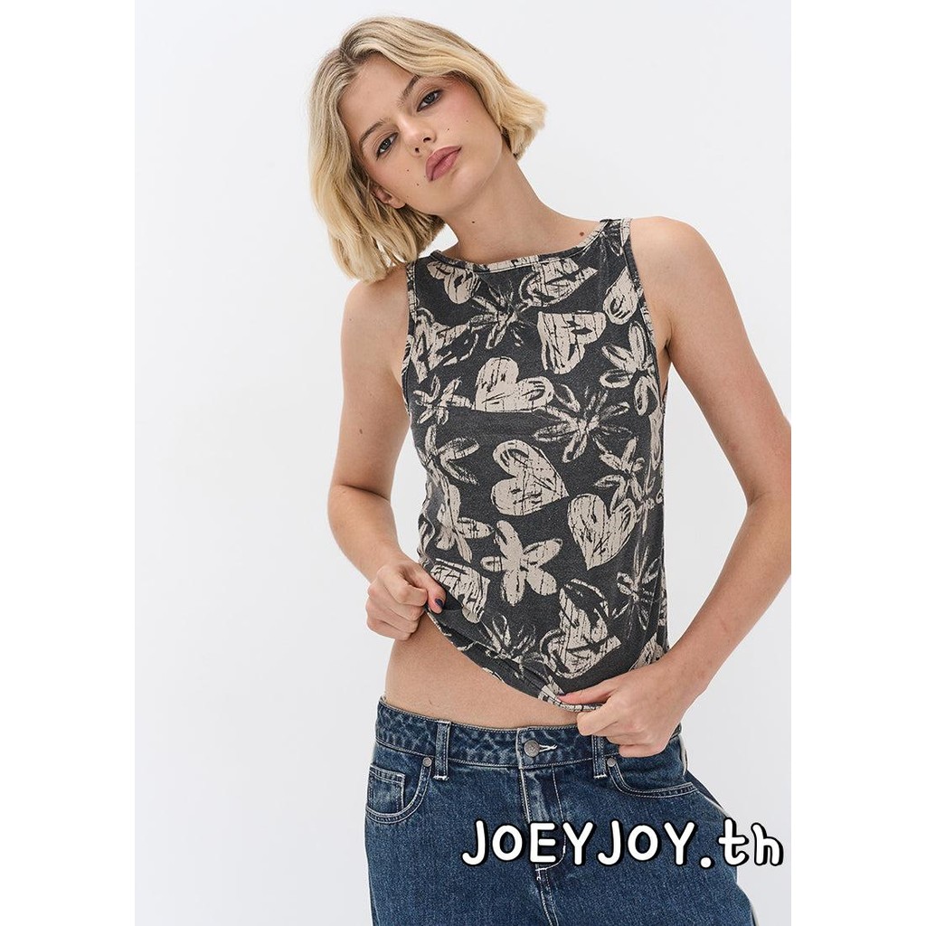 Joeyjoy-เสื้อกล้ามคอปาดผู้หญิงพิมพ์ลายดอกไม้สลิมฟิตเสื้อกั๊กแขนกุดลําลอง