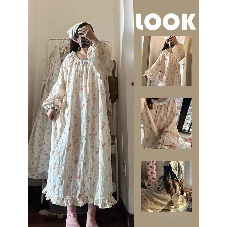 สาวหวานแขนยาวชุดนอนผู้หญิงฤดูใบไม้ผลิฤดูใบไม้ร่วงสไตล์ 2024 สไตล์ใหม่หลวมสบายๆ ชุดนอน บริการบ้านชุดผู้หญิง