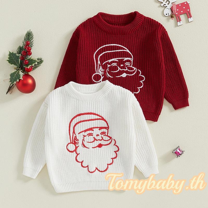 Tomybaby-เสื้อกันหนาวเด็กคริสต์มาส Santa Head พิมพ์รูปแบบแขนยาวลูกเรือคอเสื้อถัก Chunky สําหรับเด็กผู้หญิง