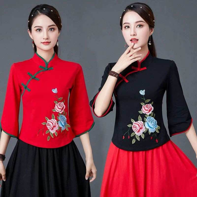 Lotus A3 DT-130 ~ แขนยาวปักดอกไม้ QiPao Top