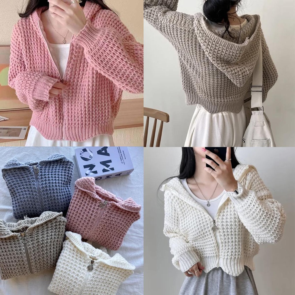 KOKO#เสื้อไหมพรมแขนยาว ซิปหน้าฮูดคอ”(ผ้าหนานุ่ม) ครอป เสื้อสเวตเตอร์หลวม Cardigan#81071