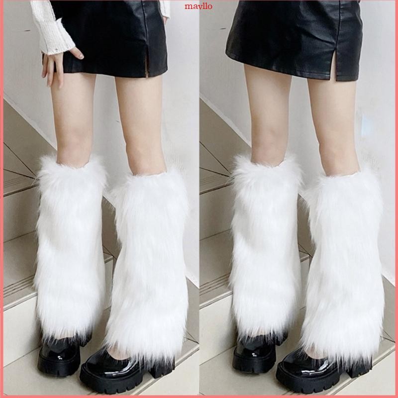Mavlo ผู้หญิง Faux ขนขาอุ่น Boot Cover Harajuku Gothic สีทึบ Furry Plush Leggings รองเท้า Cuffs ถุงเ