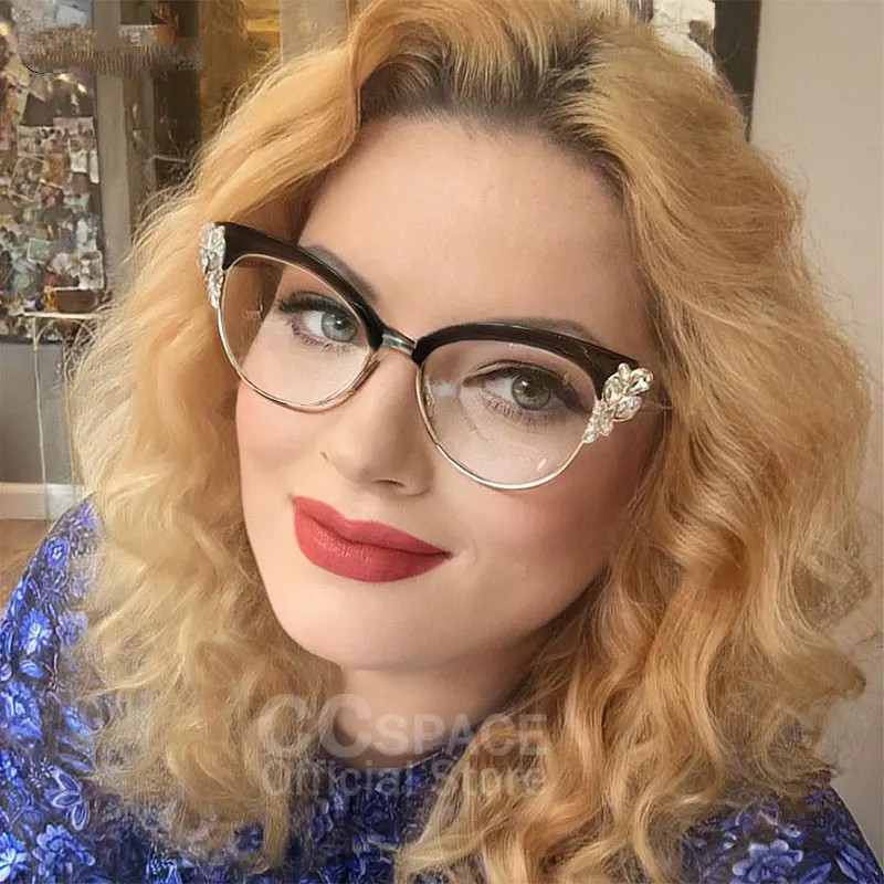 Optical Cat Eye กรอบแว่นตาผู้หญิง Rhinestones เงาแว่นตา EyeGlasses