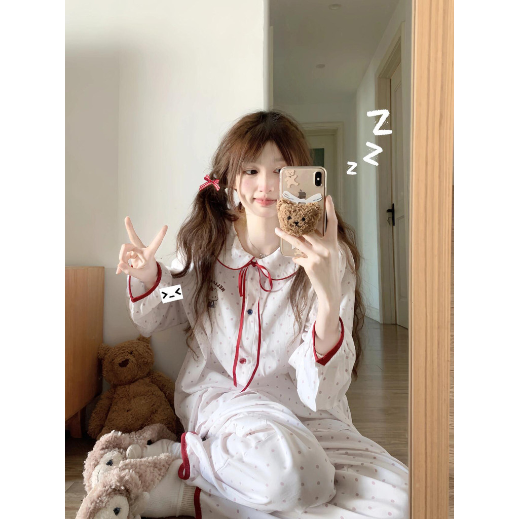 Polka Dot hello kitty ชุดนอนผู้หญิงฤดูใบไม้ผลิฤดูใบไม้ร่วงแขนยาวสาวญี่ปุ่น Homewear สูทสามารถสวมใส่นอก