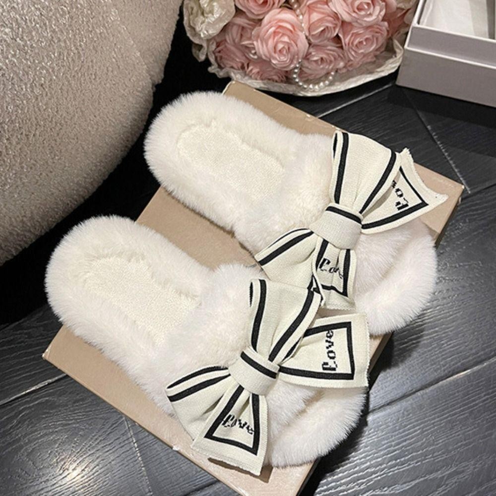 Just Plush One-line รองเท้าแตะ,รองเท้าแตะขนสัตว์ Bowknot ลื่นนุ่ม,ลําลองน่ารักหนารองเท้าแตะบ้านรองเท้าในร่ม