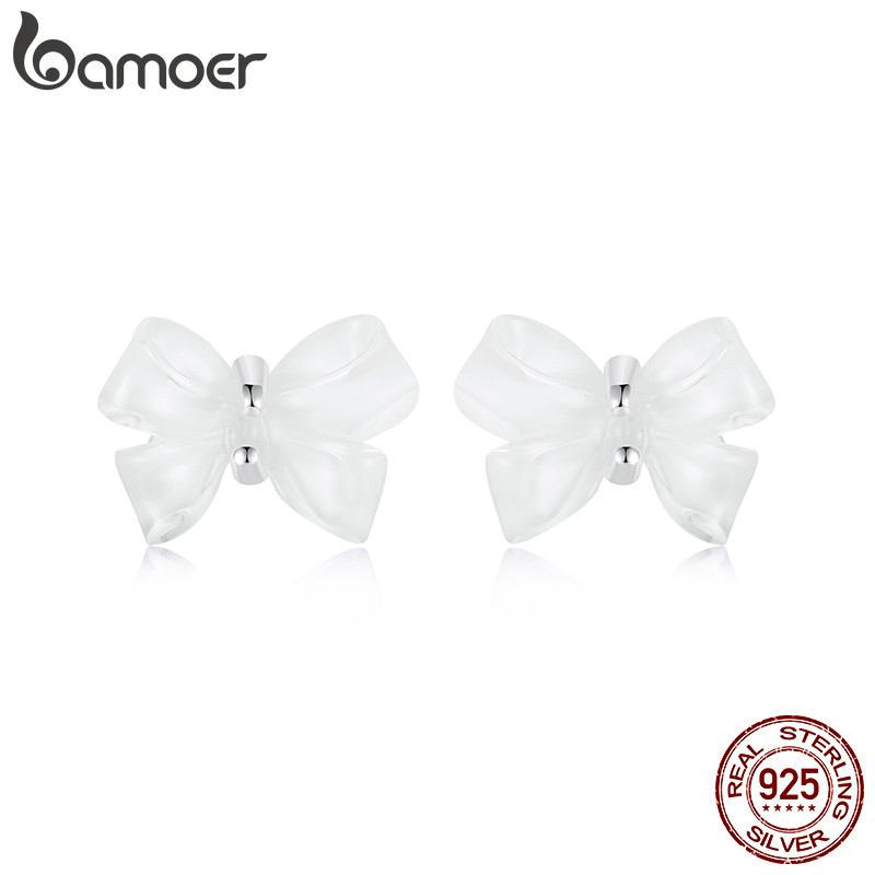 Bamoer 925 Sterling Sliver Stud ต่างหูโบว์เครื่องประดับของขวัญสําหรับผู้หญิง