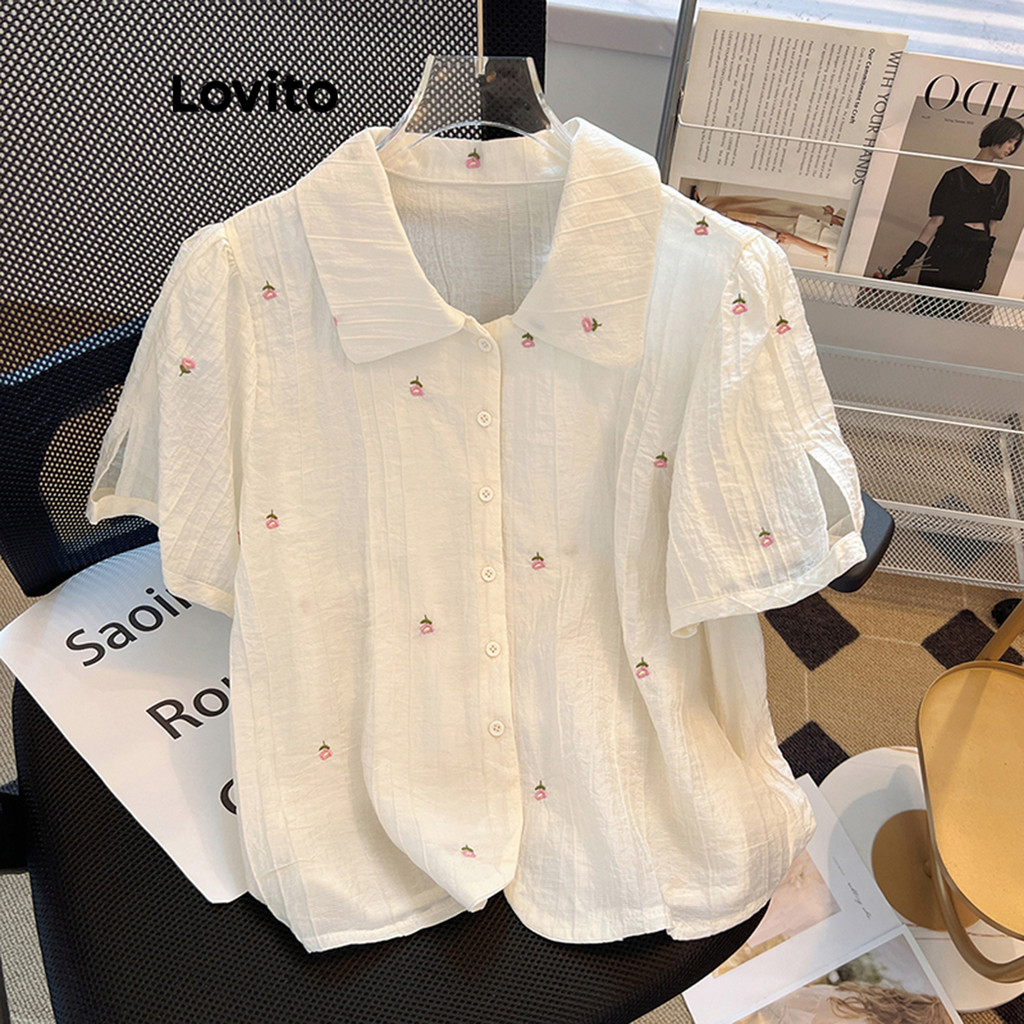 Lovito เสื้อเบลาส์ผู้หญิง ลายดอกไม้ สไตล์ลำลอง LNE36013 (สีแอปริคอต)