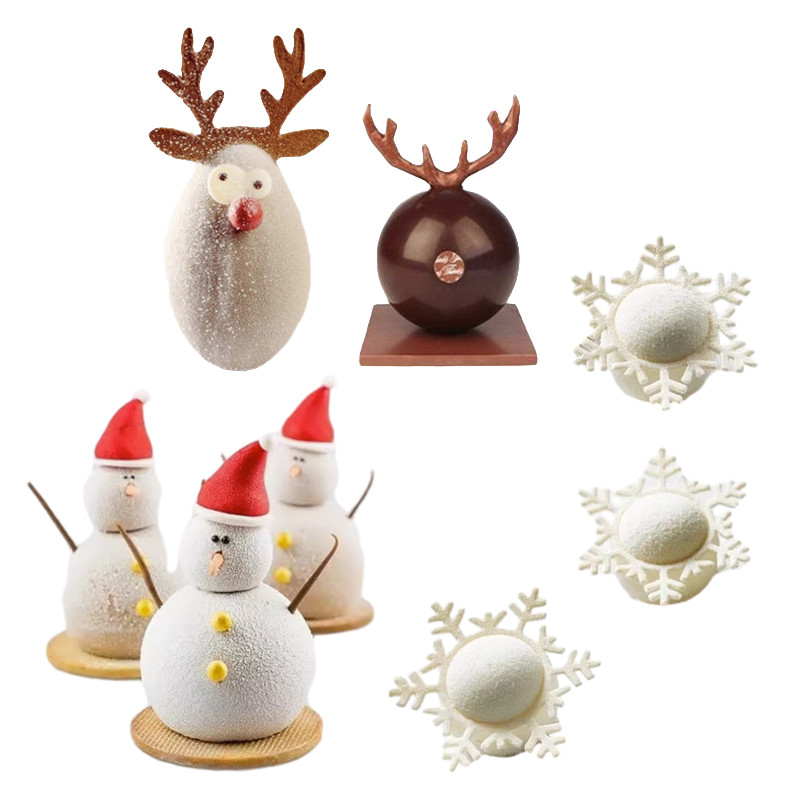 คริสต์มาสซิลิโคนทรงกลม Moulds Snowman Deer Horn ออกแบบเค้กแม่พิมพ์มูสขนม Bakeware ตกแต่งเครื่องมือ