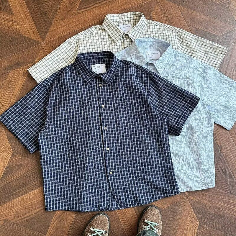 ฤดูร้อน Seersucker สั้นกว้างรุ่นเสื้อ Retro แขนสั้นเสื้อลายสก๊อตผู้ชายผู้หญิงคู่เสื้อ cleanfit อินเทรนด์