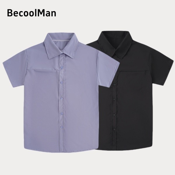 💥BecoolMan 💥เสื้อเชิ้ตผู้ชาย  ผ้าระบายอากาศ  หลวม  เสื้อผ้าแฟชั่นผู้ชาย  ร้อยชุด  ปก