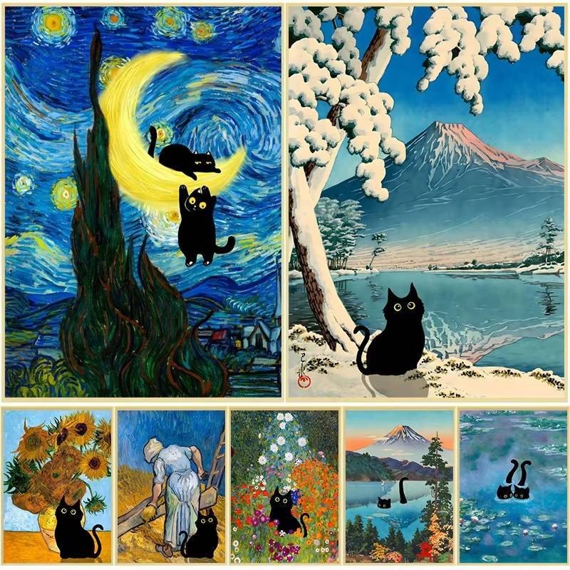 Van Gogh Starry Night Sunflower Black Cat ภาพวาดสีน้ํามันผ้าใบภาพวาดตกแต่ง Monet Cat Water Lily โปสเตอร์ห้องนั่งเล่นตกแต่งภาพวาด