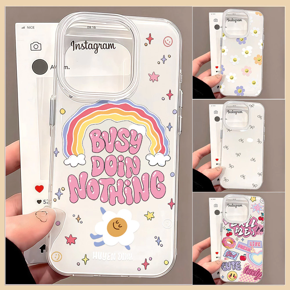 เคสมือถือ For iPhone 11 15 16 14 13 12 Pro Max X XS XR 13 12 Pro 15 16 Plus Case ดอกไม้สีรุ้ง ครีม IMD แบบนิ่ม TPU เคส