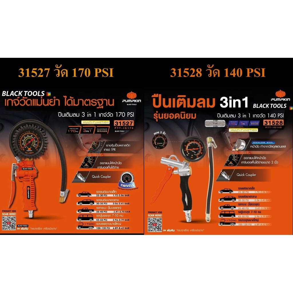 ปืนเติมลม 3in1 PUMPKIN พัมคิน เกจวัด เกจ์วัดแรงดัน (เกจ 140 PSI 31528) (เกจ 170 PSI 31527) bonus
