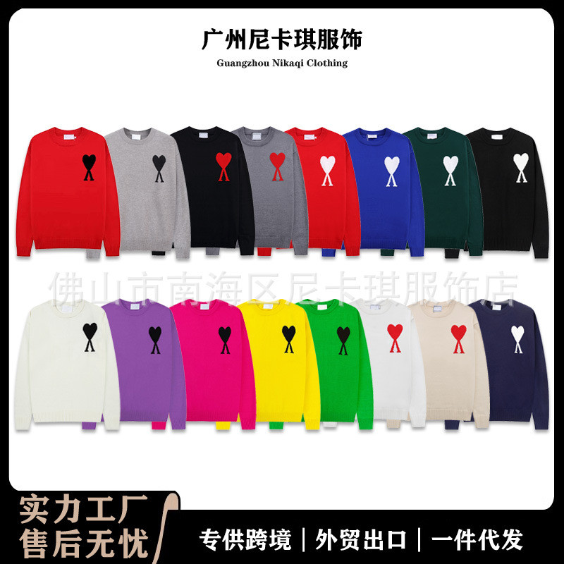 เสื้อกันหนาวฤดูใบไม้ร่วงฤดูหนาวรอบคอหัวใจสีแดงผู้ชายผู้หญิง ผ้าแจ็คการ์ด รักเสื้อสวมหัวสบายๆขนสัตว์ถ