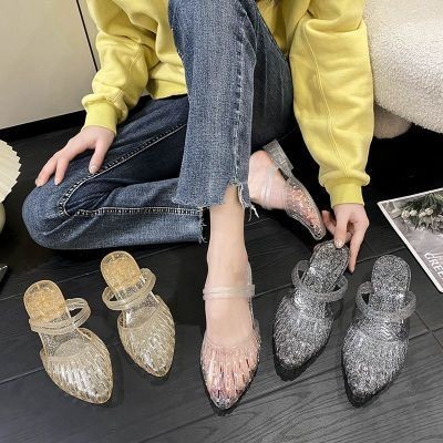 【การจัดส่งรวดเร็ว】go🚚รองเท้าแตะรัดส้นผู้หญิง ส้น3ซม. สองวิธีในการสวมใส่ เยลลี่ แฟชั่น กันลื่น ใส่สบา