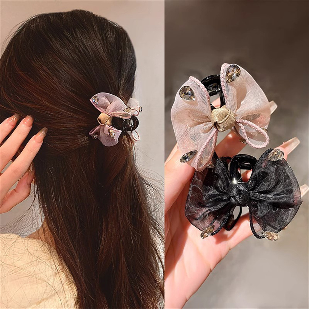 Elegant Bow คลิปคว้าขนาดเล็กสําหรับผู้หญิงพร้อมกิ๊บติดผมครึ่งแฉกสําหรับด้านหลังศีรษะแฟชั่นฝังเพชร Shark Chuck