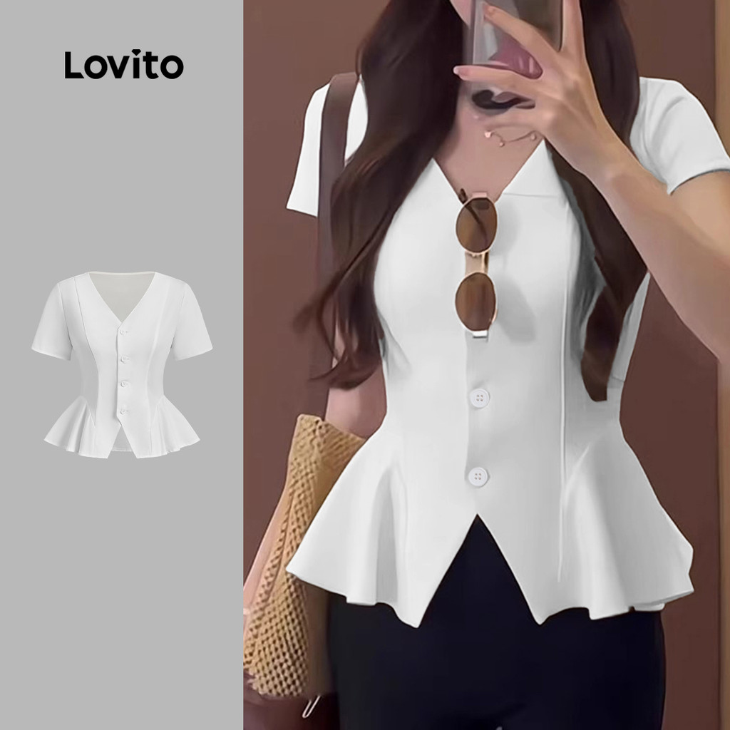 Lovito เสื้อเชิ้ตแขนยาวดีไซน์หรูพร้อมกระดุม ริ้วรอบชายเสื้อ สำหรับหญิงสาวในฤดูใบไม้ผลิ/ฤดูร้อน สีขาว L138ED159