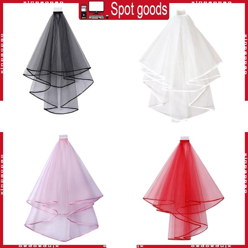 XI ตาข่ายสองชั้น Tulle สีทึบผู้หญิงสั้นผ้าคลุมหน้าแต่งงานพร้อมหวีริบบิ้นขอบศูนย์ Cascade เจ้าสาว Headpiece Par