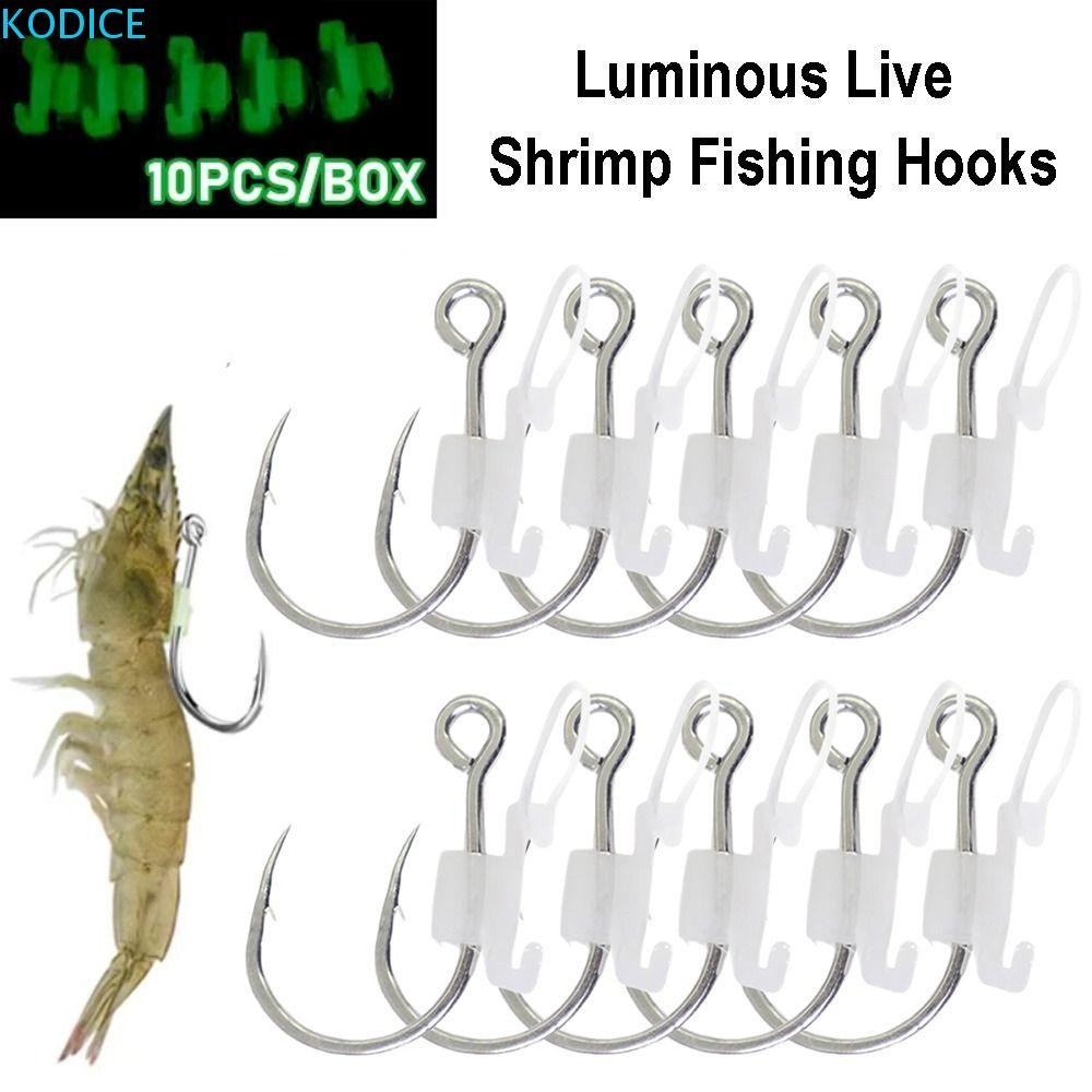KODICE 10 ชิ้น Luminous Live ตะขอตกปลากุ้ง, Heavy Duty Perforated Design Barbed Fishing Hook, Sharp Point พร้อมแหวนยางคงที่ทนต่อการกัดกร่อน Sea Bass ตะขอเหล็กคาร์บอน