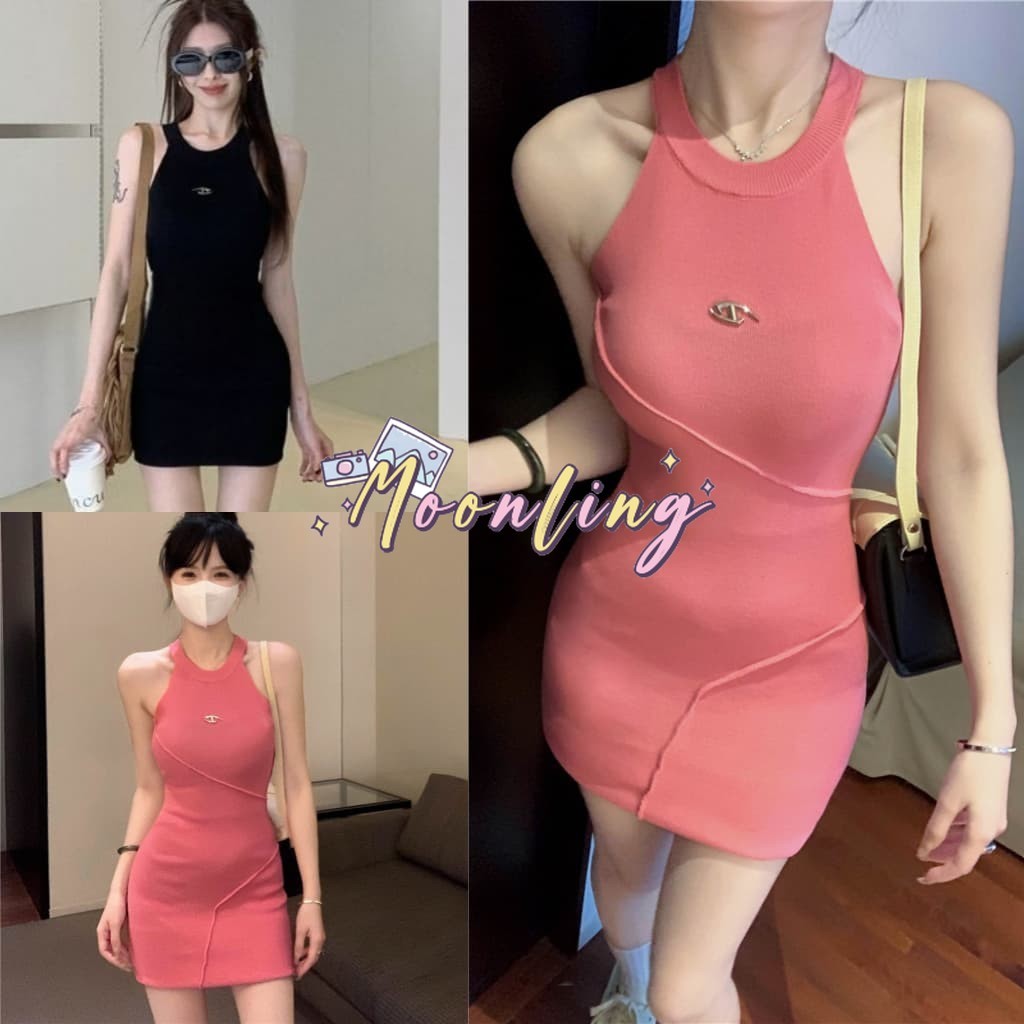 🌜Moonling🌛พร้อมส่งจากไทย ชุดมินืเดรสไหมพรม ทรงรักรูป ผ้าร่องใส่สบาย *Z10*